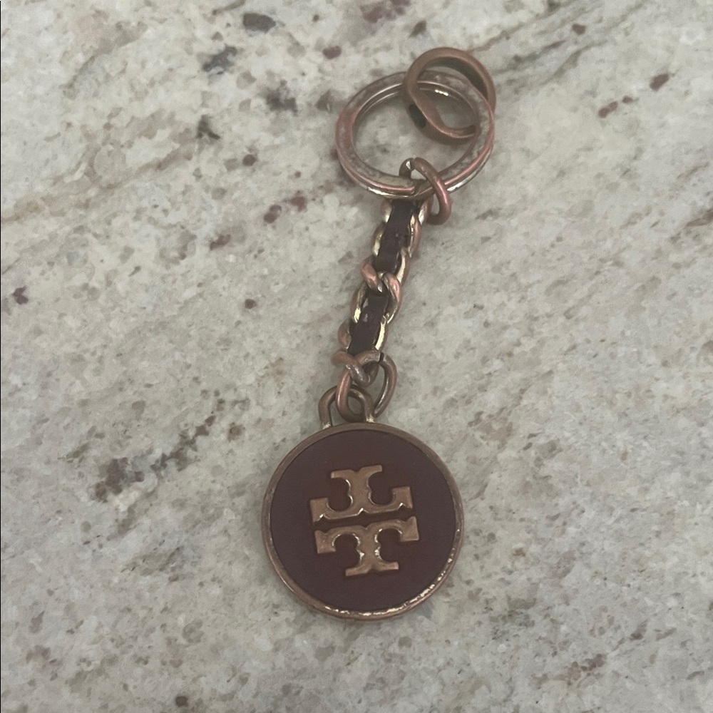 Maroon Tory Burch Bronze and Brown Logo Keychain
